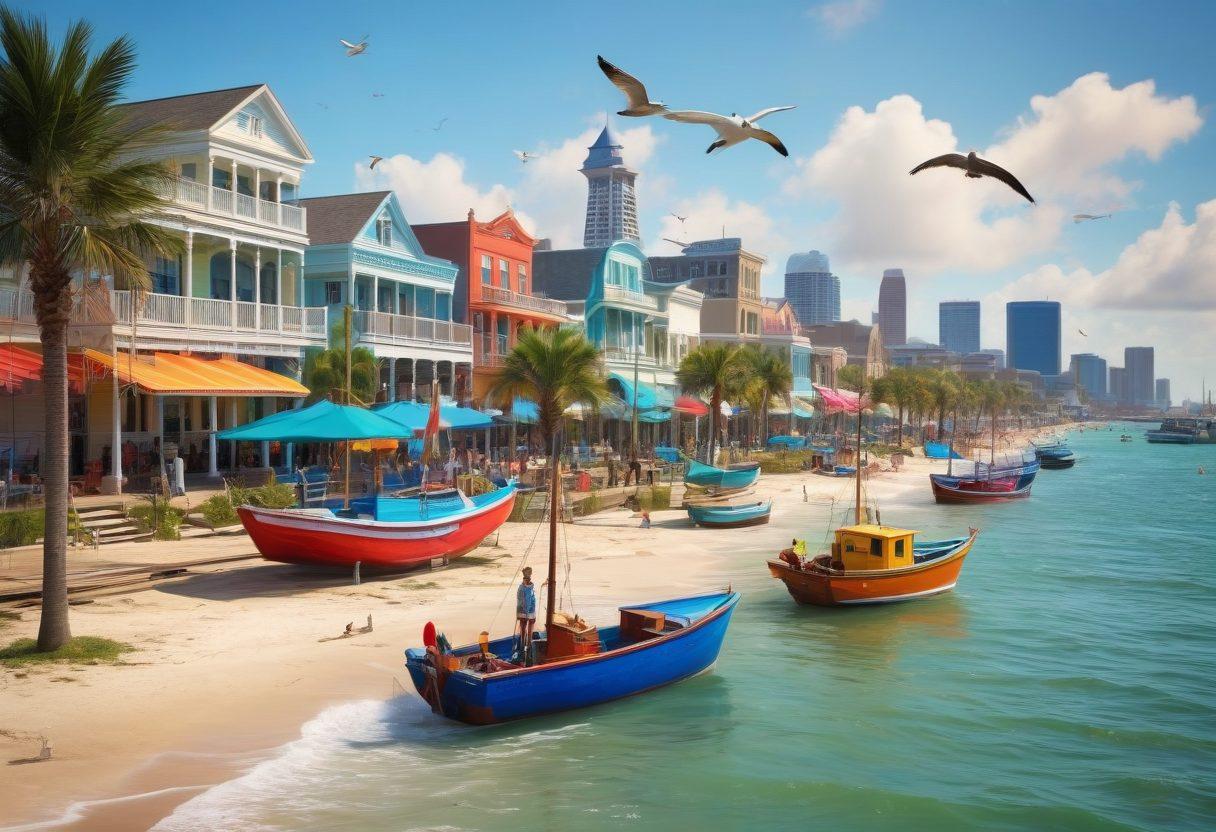 A vibrant coastal scene showcasing the bustling Galveston Port, with colorful boats docked, seagulls soaring above, and tourists exploring the waterfront. Include elements of maritime adventures like sailing, fishing, and beach activities, with lush palm trees and vibrant beach umbrellas. In the background, highlight the iconic Galveston skyline and sandy beaches. super-realistic. vibrant colors. 3D.