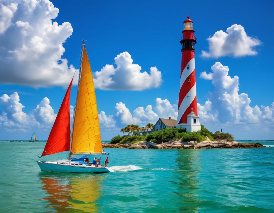 A vibrant scene of a sailor navigating a colorful sailboat through the stunning turquoise waters of Galveston, with iconic lighthouses and playful dolphins in the background. The sky is bright with fluffy clouds, while nearby, a charming harbor showcases various maritime attractions and scenic excursions, including sailing yachts and tourists enjoying the beautiful seaside. super-realistic. vibrant colors. bright blue sky.