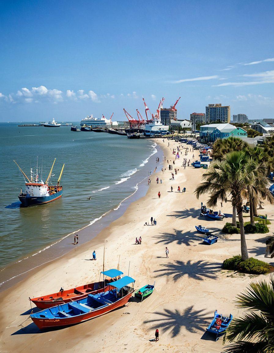 A picturesque view of the Port of Galveston, showcasing colorful fishing boats docked beside vibrant waterfront activities. In the foreground, families enjoy seaside leisure with children building sandcastles. Palm trees sway gently under a clear blue sky, while distant cargo ships create a sense of bustling trade. The scene is filled with a lively atmosphere, inviting adventure and relaxation. super-realistic. vibrant colors. serene backdrop.